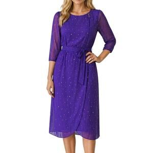 Vintage Jody Shift Dress See Through Purple Floral Belted Midi Medium